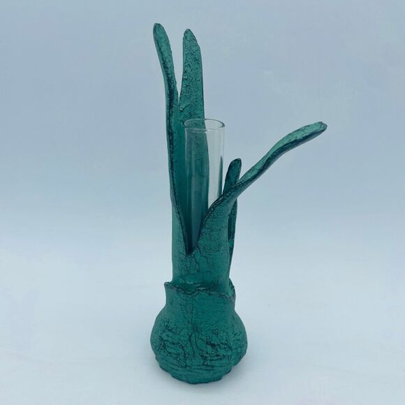 Vintage Verdigris Green Patina Metal Flower Stem Glass Tube Bud Vase - Picture 4 of 10